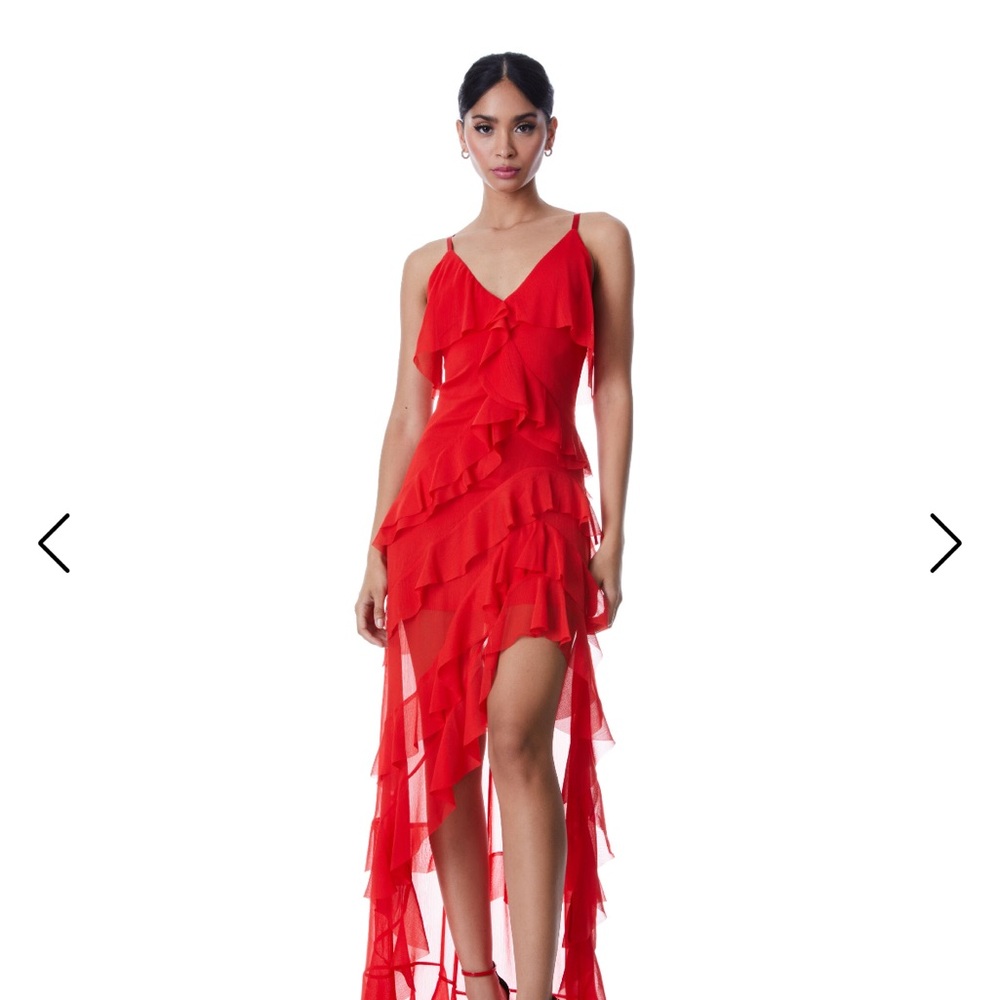 Alice and Olivia. LAVERNE ASYMMETRICAL RUFFLE MAXI DRESS